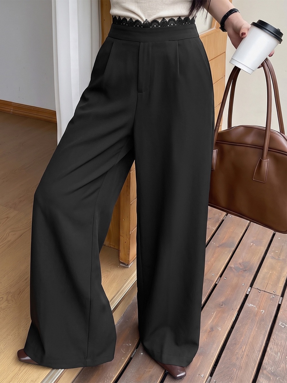 High-Waisted Wide-Leg Lace-Trimmed Pants